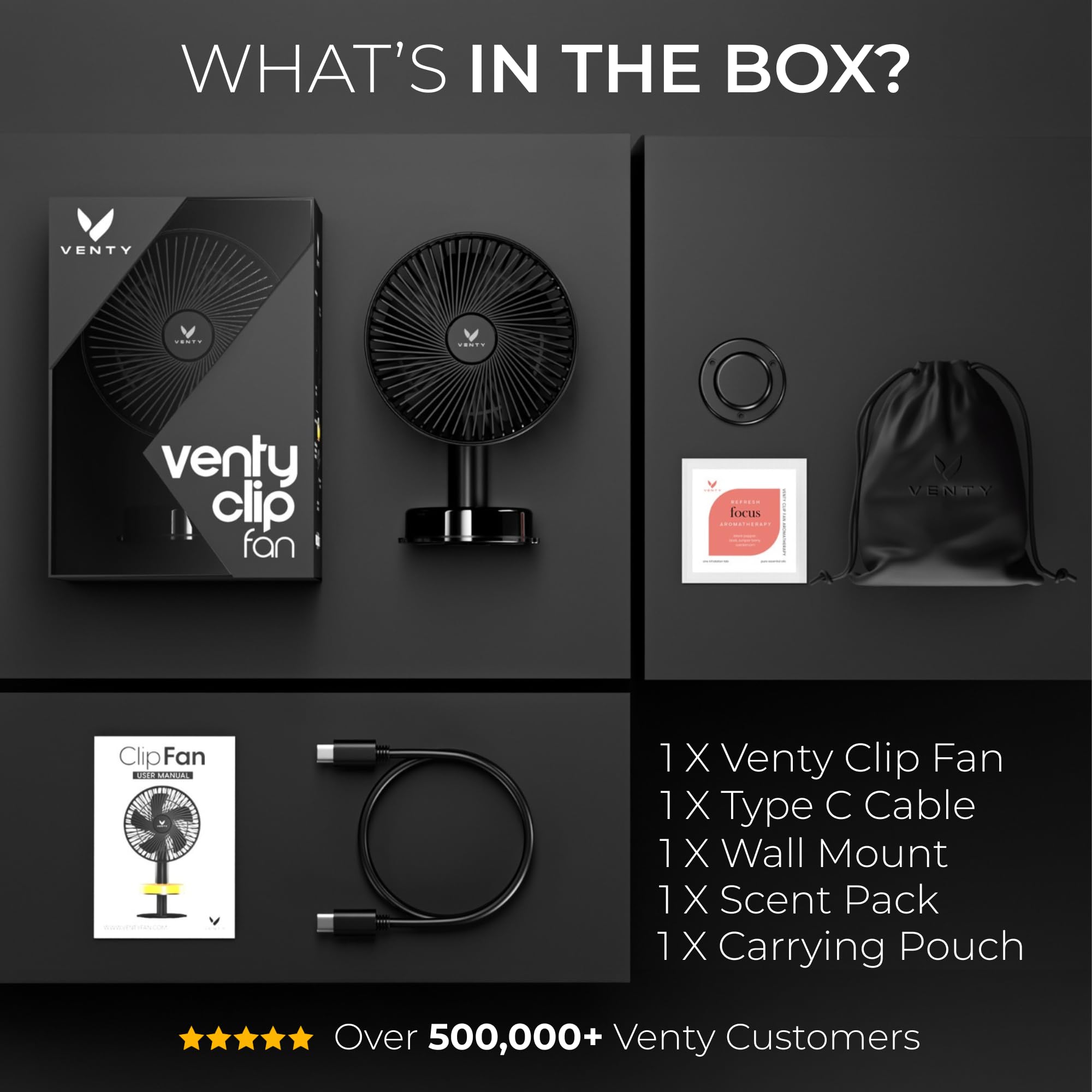 VENTY Portable Clip Fan - Rechargeable 10-Hour Battery Portable Fan - 360° Rotation & 90° Tilt - Stroller, Desk or Bedside - Aromatherapy & LED Light - USB-C Rechargeable Clip On