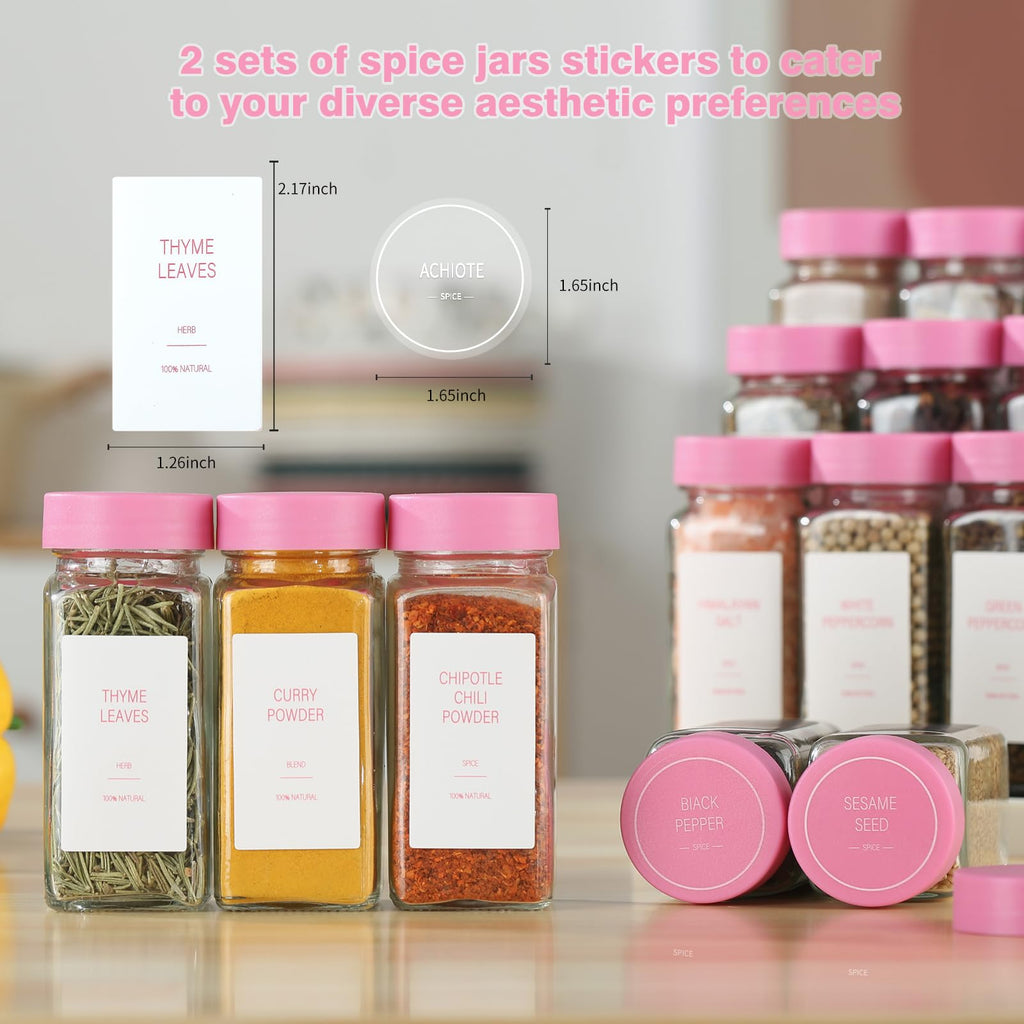 TESUNMU Pink Spice Jars with Label，4oz Seasoning Containers, Glass Spice Bottles with Shaker Lids,Funnel, Chalk Pen (Pink, 24)
