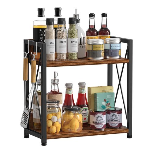 Snughome Countertop Shelf Organizer, Kitchen Counter Shelf with Hooks, 2 Tier Spice Rack for Kitchen Countertop,Coffee Station，(Rustic Brown, Large)