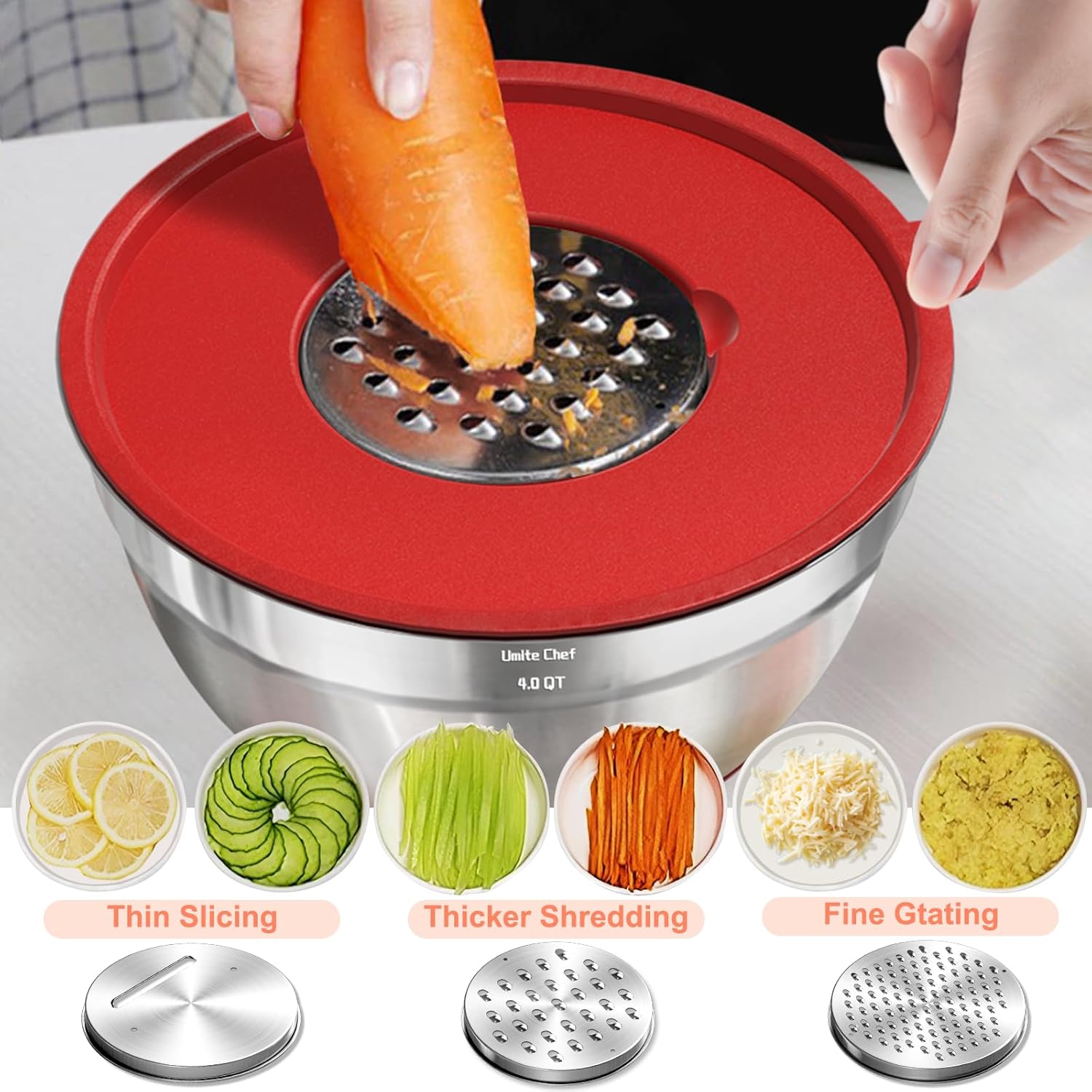 Umite Chef Mixing Bowls Set - 8PCS Stainless Steel with Airtight Lids & Non-Slip Bottoms | Includes Grater Attachments, 1.5QT to 5QT