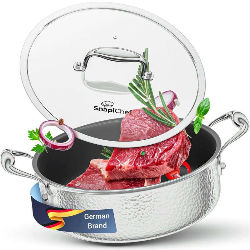 11.3 Inch Stainless Steel Saute Pan with Lid, Tri-Ply Saute 5-Quart, Induction Large Skillet, Deep Frying Pan, PFOA free, Non-Stick Coating, Dishwasher & Oven Safe, Suitable for Induction & Gas