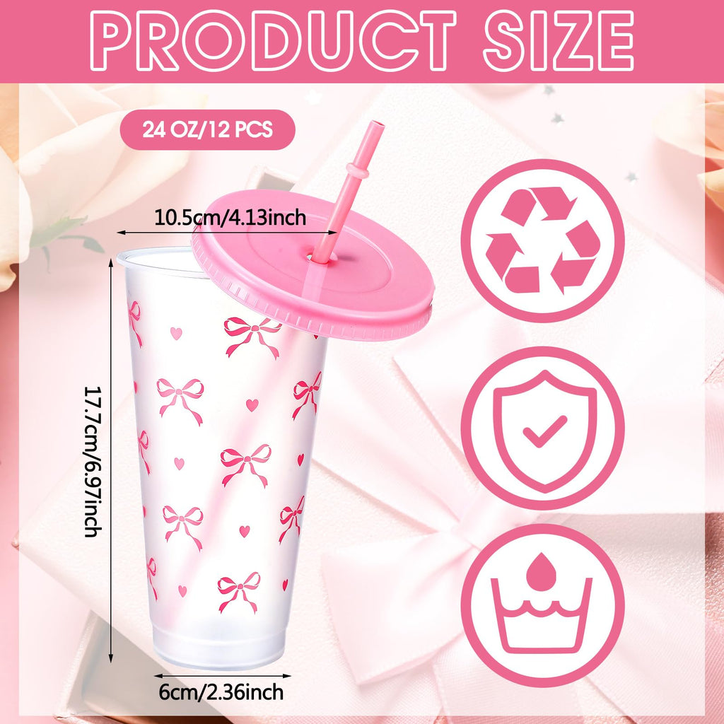 Reallnaive 12 Pcs Pink Bow Plastic Cups with Lids and Straws 24 oz Reusable Coquette Bow Tumbler Aesthetic Drinking Coffee Cup for Women Birthday Wedding Bridal Shower Party Supplies
