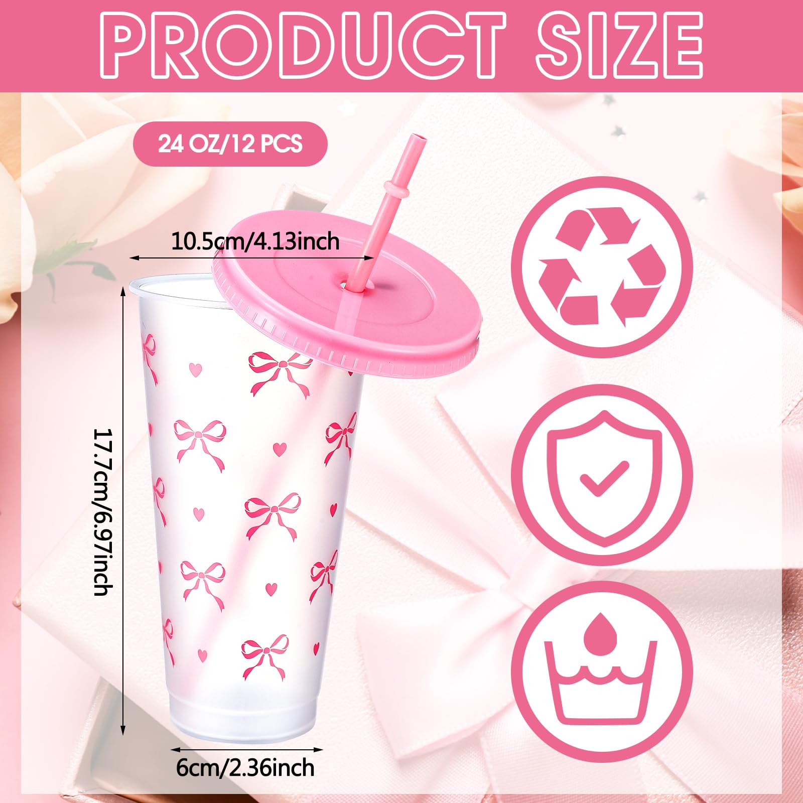 Reallnaive 12 Pcs Pink Bow Plastic Cups with Lids and Straws 24 oz Reusable Coquette Bow Tumbler Aesthetic Drinking Coffee Cup for Women Birthday Wedding Bridal Shower Party Supplies
