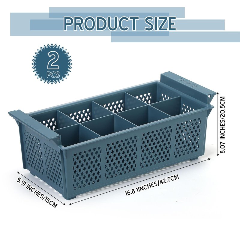 Yungyan 2 Pcs 8 Slot Plastic Cutlery Basket 16.81 x 8.07 x 5.91 Inches Dishwasher Flatware Basket with Handle Utensil Holder for Knives, Forks, Spoons, Silverware Commercial Dishwasher(Blue)
