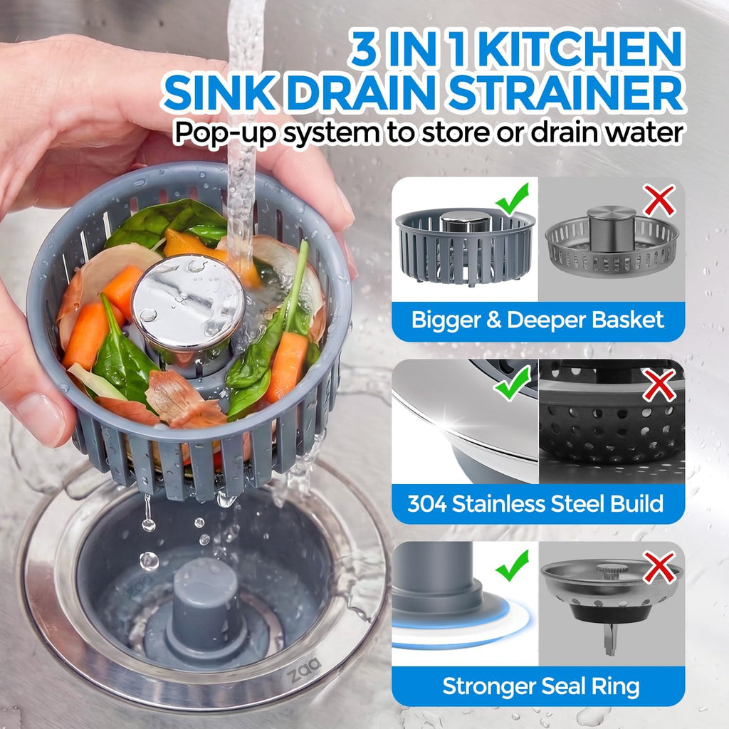 Sink Drain Strainer by [Brand Name] - 3-in-1 Anti-Clogging Kitchen Stopper | Fits 3-1/2'' Sink Hole, Silver