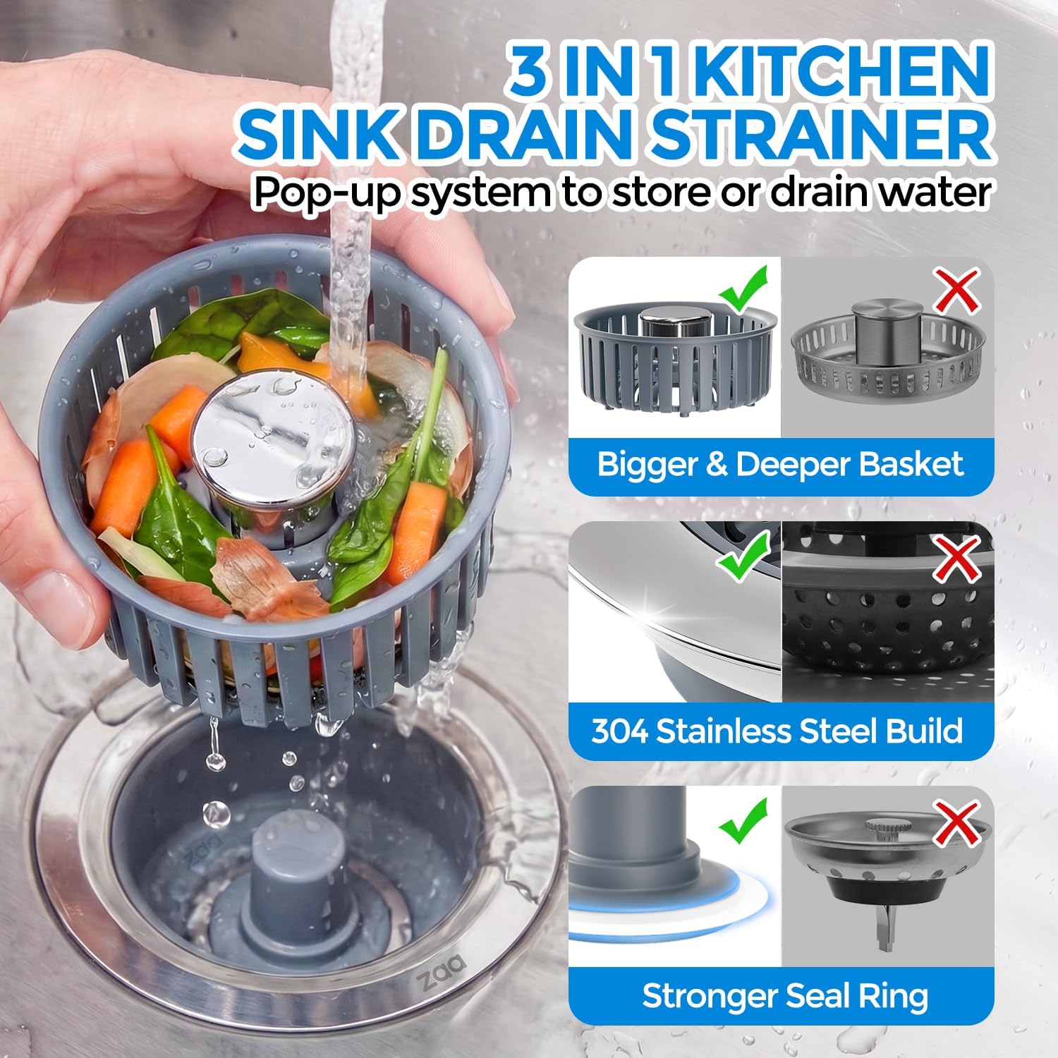 Sink Drain Strainer by [Brand Name] - 3-in-1 Anti-Clogging Kitchen Stopper | Fits 3-1/2'' Sink Hole, Silver