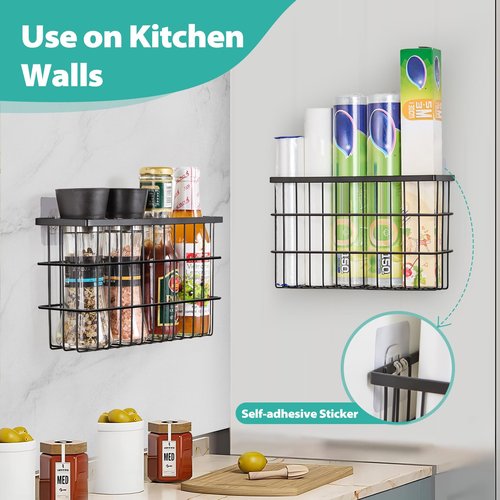 2 Pack Cabinet Door Organizer,Self Adhesive Lid Organizers Inside Cabinet Storage Boxes,Hanging Storage Basket Organizer Wall Mounted Pantry Caddy Cup Holder for Kitchen,Fridge,Bathroom (Black)