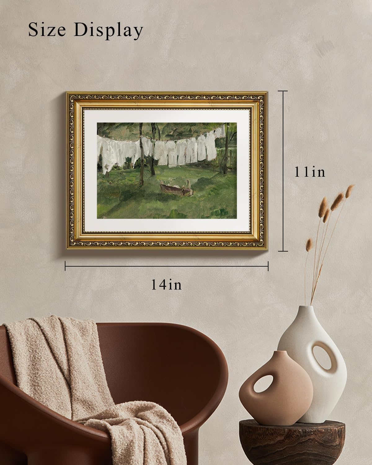 VIYYIEA Gold Framed Canvas Print - Vintage Laundry Room Art | Antique Green Landscape 11x14in