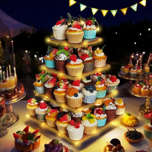 Umgozrz 4 Tier Cupcake Stand, Wooden Cupcake Holder Stand for 50 Cupcakes Rustic Cupcake Display Stand for Wedding, Birthday
