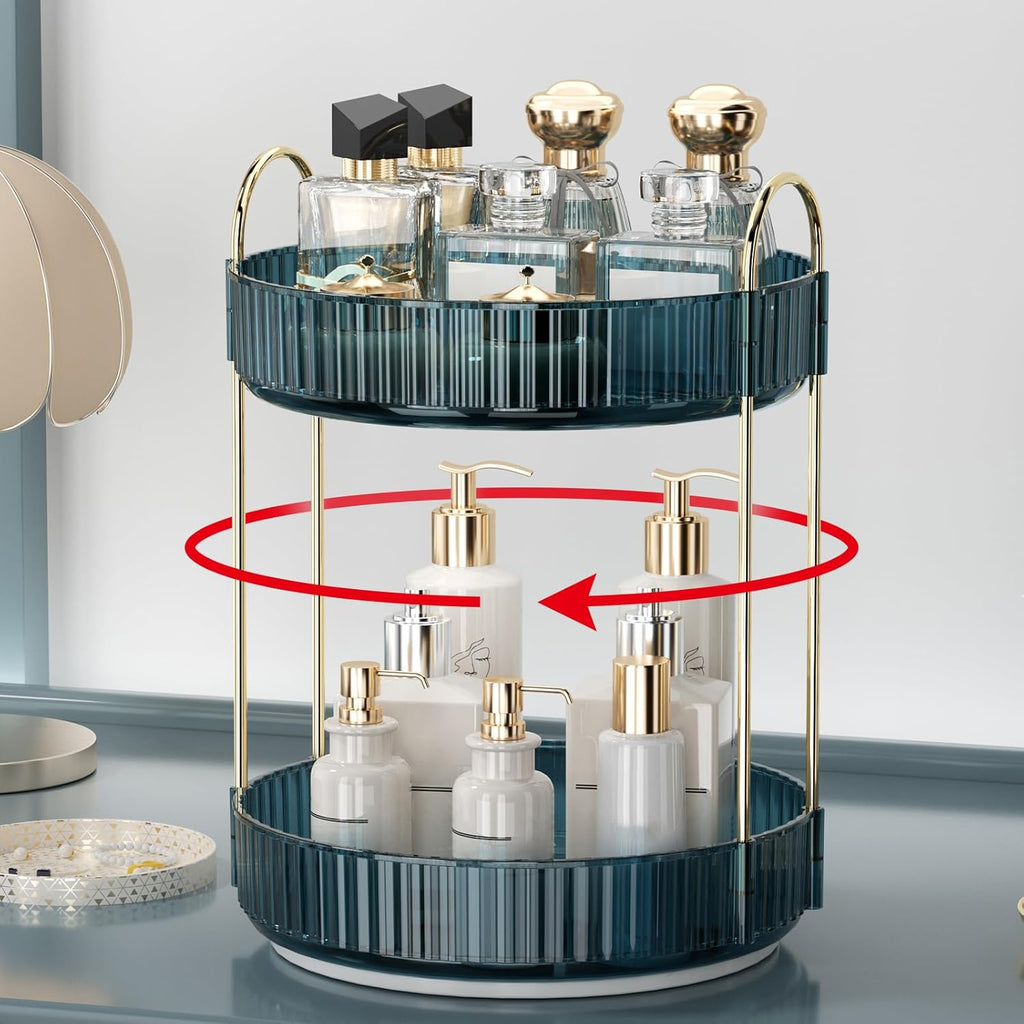 Skiennix 360 Rotating Makeup Organizer - High-Capacity Vanity & Bathroom Storage | 2-Tier Blue Design