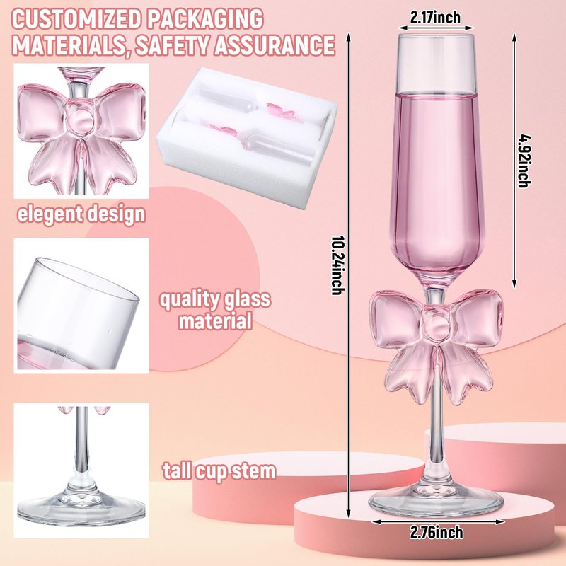Reallnaive Wedding Champagne Flutes, 2 Pcs Pink Bow Coquette Glasses with Reinforced Stems, 8 oz Cute Feet Champagne Glasses for Wedding Engagement Bridal Shower Party Gifts(Cute Feet)