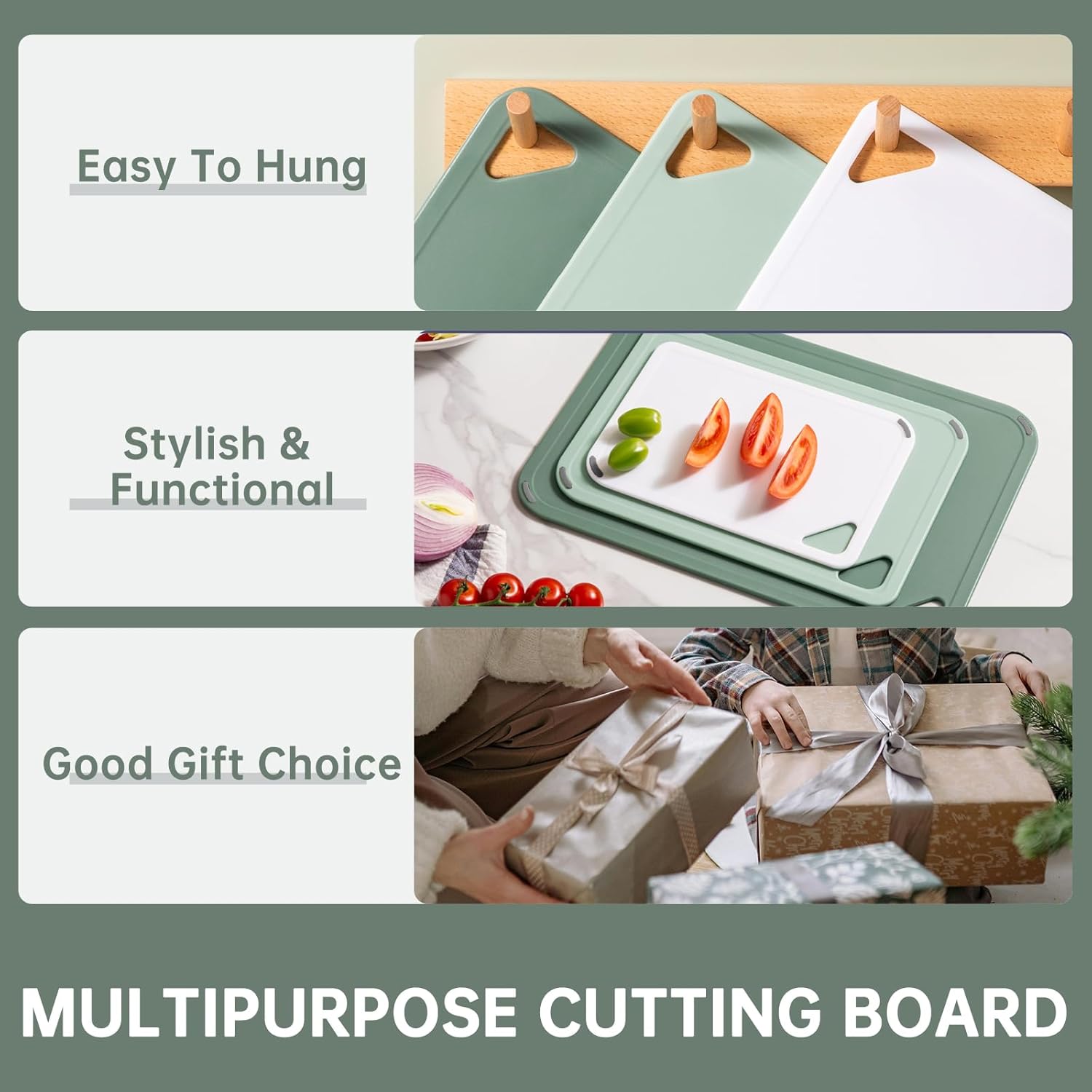 THETCHRY Plastic Cutting Board Set - BPA-Free Non-Slip Chopping Boards for Kitchen | 3 Sizes, 15"×10"×0.25" Green
