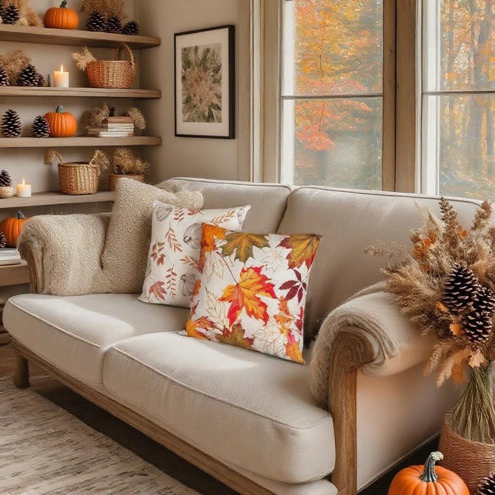 Treasborn Fall Pillow Covers 18x18 Set of 2 Maple Leaf Pillow Case Autumn Decoration for Home Outdoor Square Soft Throw Pillow Cover