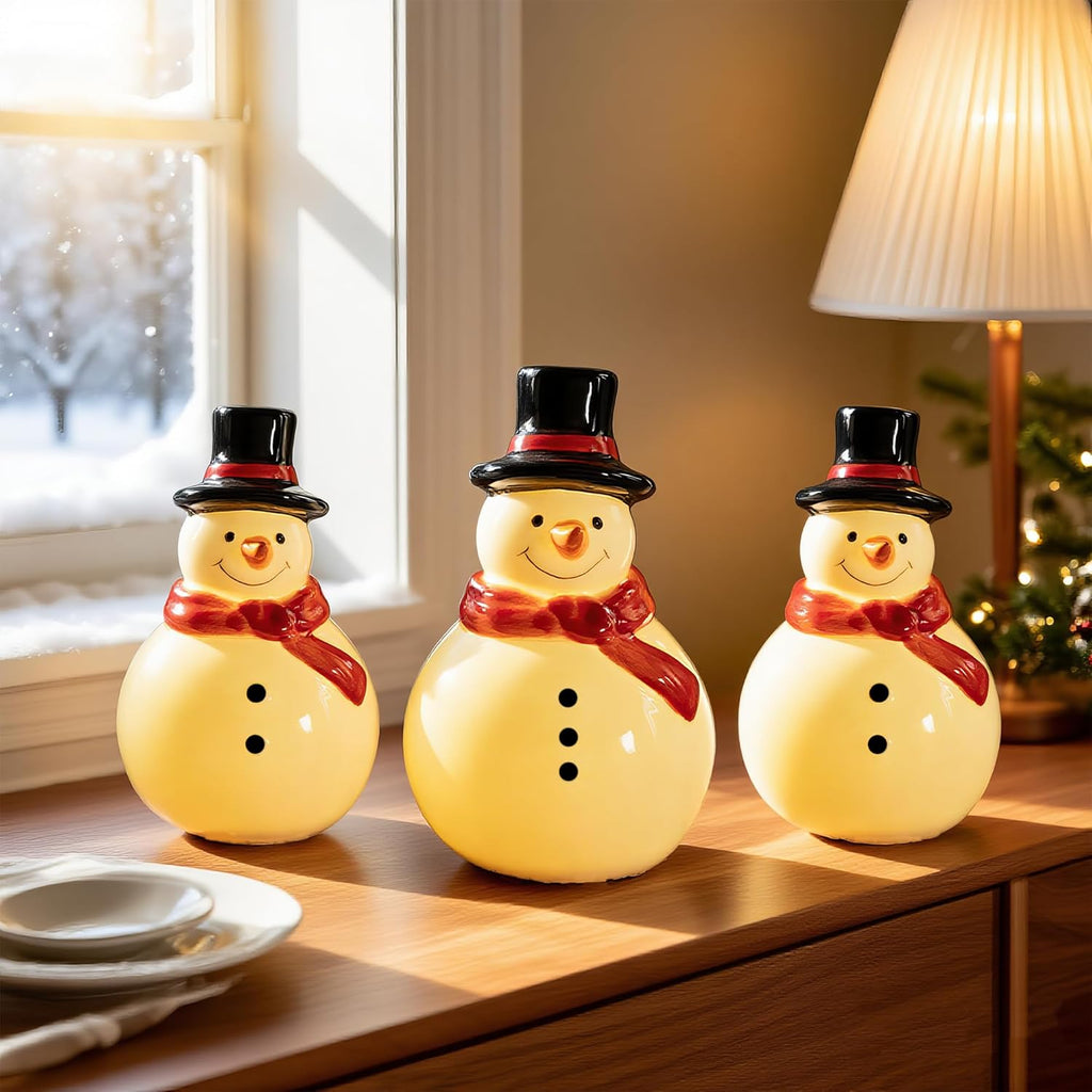 Nerousun Christmas Snowman Figurines - 3 Pack Ceramic LED Lighted Tabletop Decorations | Winter Xmas Decor