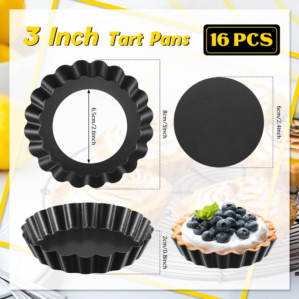 Tessco 16-Piece Mini Tart Pans - Nonstick Quiche & Pie Bakeware with Removable Bottom | 3-Inch Round, Black Gray
