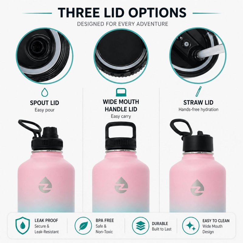 ZAKVOP 64 oz Insulated Water Bottle with Straws&3 Lids, ZAKVOP Half Gallon Water Bottle Stainless Steel Double Walled, Big Water Jug with Paracord Handle, Large Metal Water Bottle for Gym