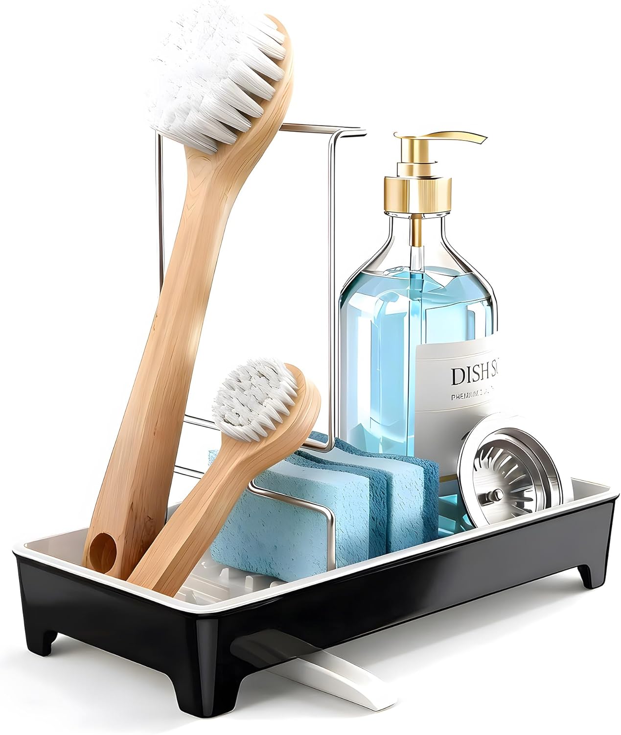 Skiennix Minimalist Sink Caddy - Rustproof Sponge Holder with 304 Stainless Steel Brush Holder | Large Black Countertop Organizer