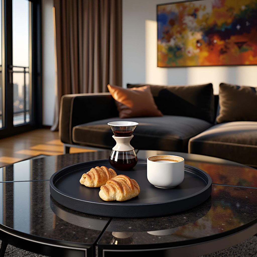 QAVOL 20 x 20 inches High-end Luxury Leather Round Oversized Service Tray, Ottoman & Coffee Tray for Family Dinner, Out-of-House Picnic, Party Essential (20 inch Black)