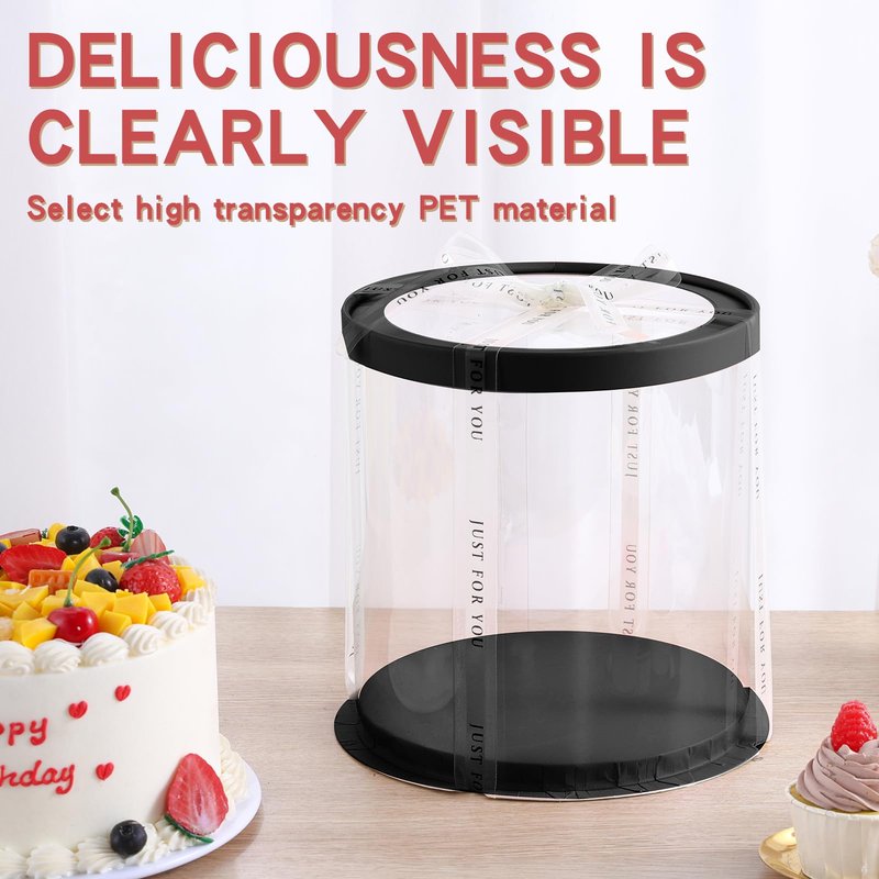 JCD Black Multi-Layer 10 * 10 Inch Round Clear Cake Boxs with Ribbon,6 Pack Tall Transparent Packaging Cake Containers PET Cake Carrier Box for Birthday (Black, Round 10inch/6pcs)