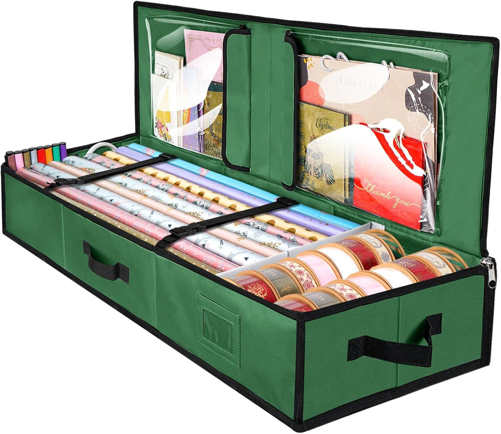 BALEINE Gift Wrap Storage Organizer - 40" Durable 600D Oxford Fabric with Flexible Partitions | Green