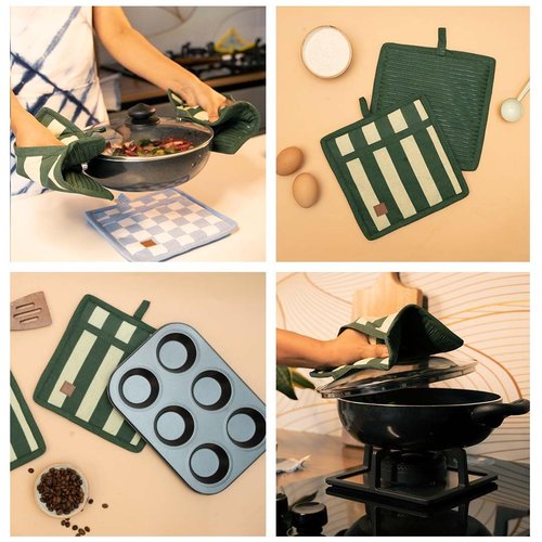 Folkulture Pot Holders for Kitchen | Pack of 2 (8x8) Ribbed Soft Silicone Hot Pads for Kitchen | 100% Cotton Cute Oven Pot Holders Set | Heat Resistant | Machine Washable | Non Slip | Matcha