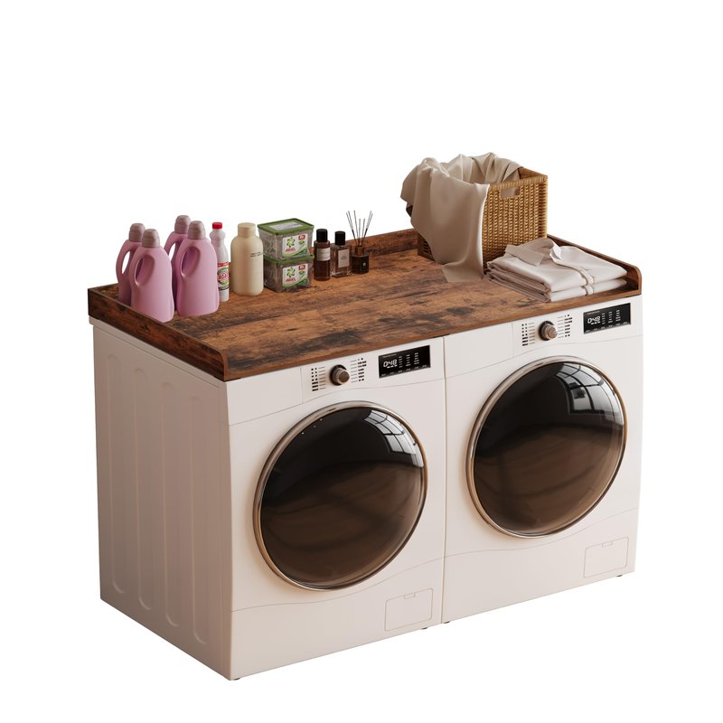Unionly Washer Dryer countertop with Edge Rails and Non-Slip Mat,Wooden Laundry Countertop for Laundry Room Storage Organization (Rustic Brown, Full)
