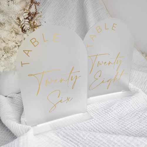 JINMURY Frosted Arch Wedding Table Numbers 1-30 with Stands, 5x7 Inch Acrylic Arch Sign with Golden Lettering, Frosted Acrylic Table Numbers for Wedding Reception
