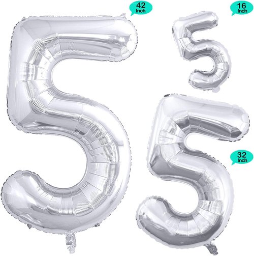 GOER Silver Foil Number 5 Balloons - Huge 42" & 32" Party Decorations for 5th & 55th Birthdays (3 Pcs)