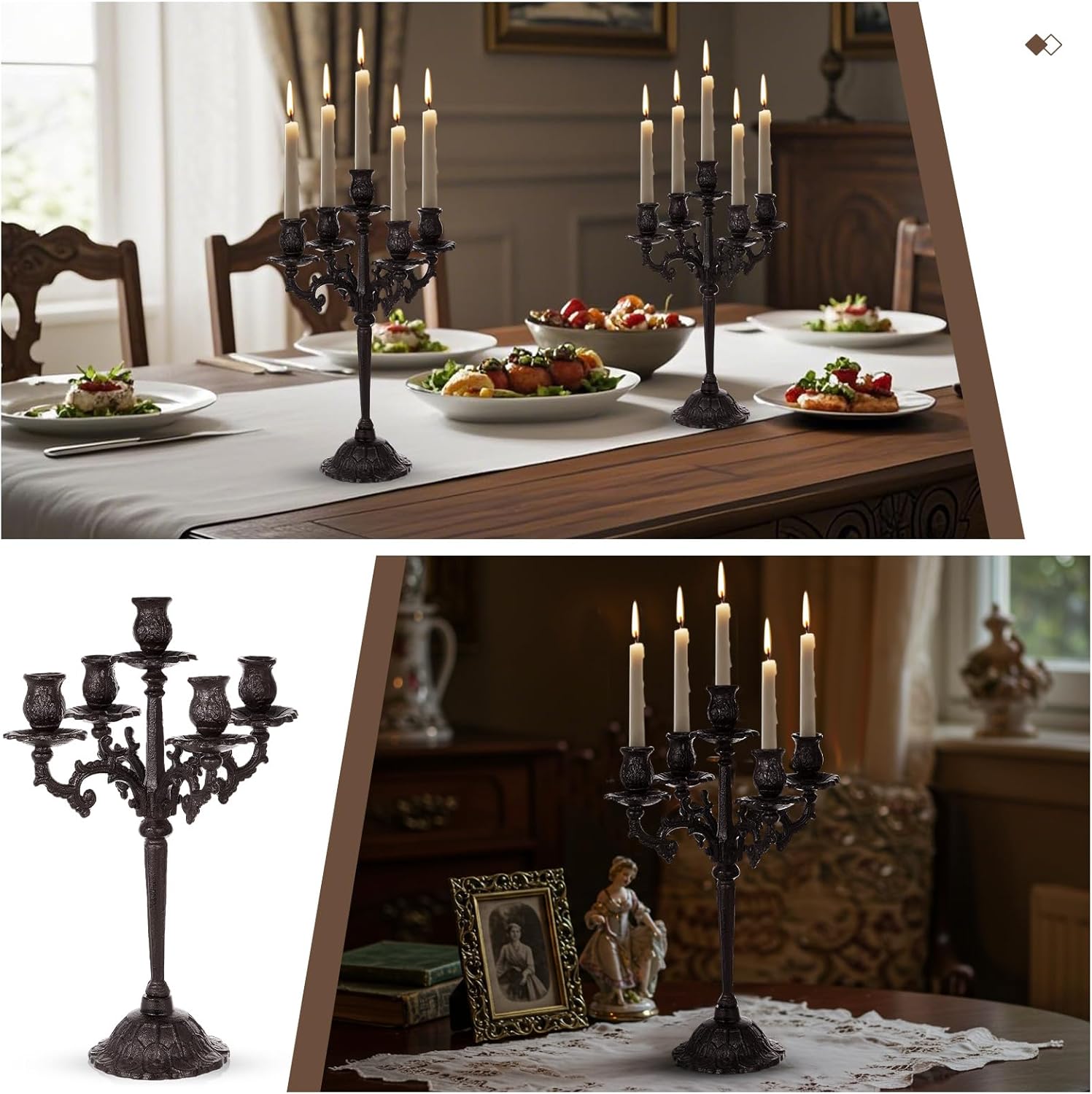 Mumufy Black Candelabra Set - 5 Arm Cast Iron Candle Holders | 16.7" Vintage Gothic Centerpieces