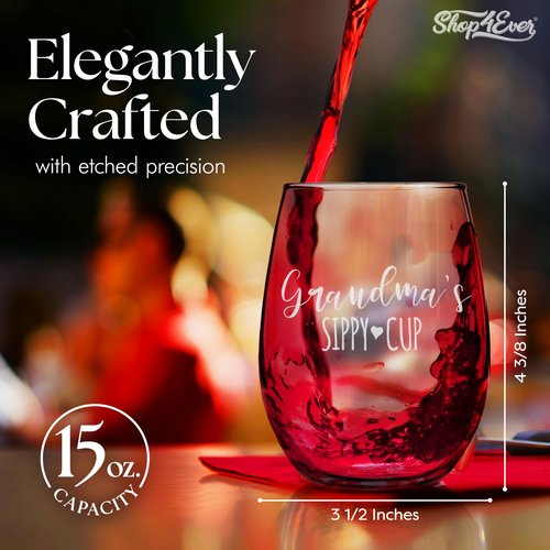shop4ever Grandma's Sippy Cup Engraved Stemless Wine Glass 15 oz. Mother's Day Gift for Grandmother