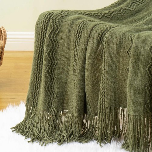 BATTILO HOME Olive Green Throw Blanket for Couch, Soft Army Green Blanket with Tassels for Home Decor, Decorative Knitted Throws for Couch Cover, 50"x60"