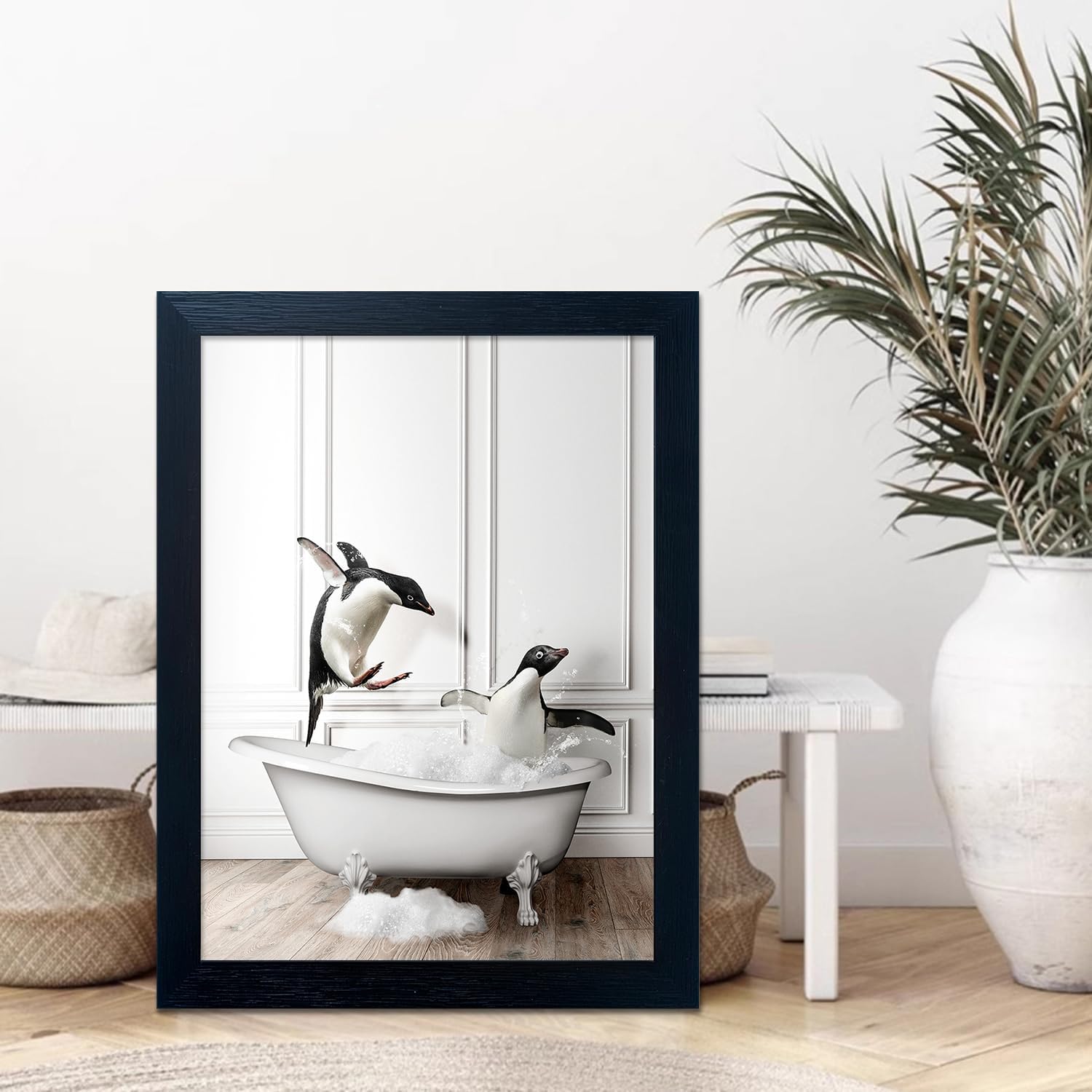 Skiennix Kids Bathroom Wall Decor - Cute Penguin Canvas Print | Funny Black and White Art