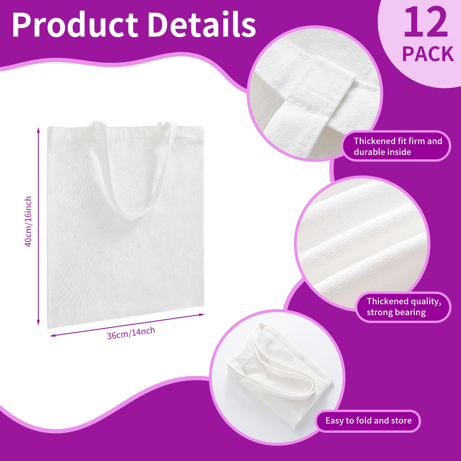 TAOZIM 12Pack Canvas Tote Bags Bulk, 10oz Cotton Blank Canvas Tote Bags Lightweight Reusable Grocery Bags Shopping Cloth Bags w/Handles Personalized Present Bags for Women, Christmas Craft, White