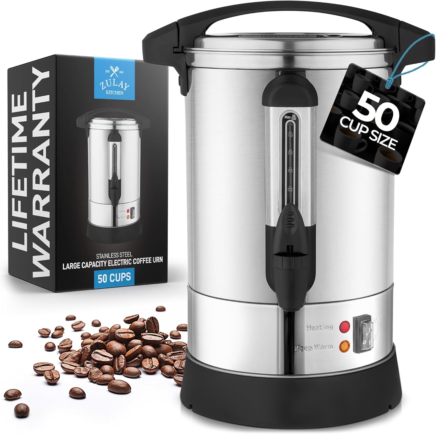Zulay Kitchen 50-Cup Commercial Coffee Maker - Double-Wall Stainless Steel Percolator for Events & Catering - Silver