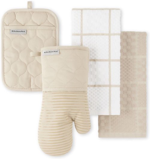 KitchenAid Quilted Cotton Terry Cloth Oven Mitt & Pot Holder Set - Heat Resistant, Silicone Grip | 4-Pack, Milkshake