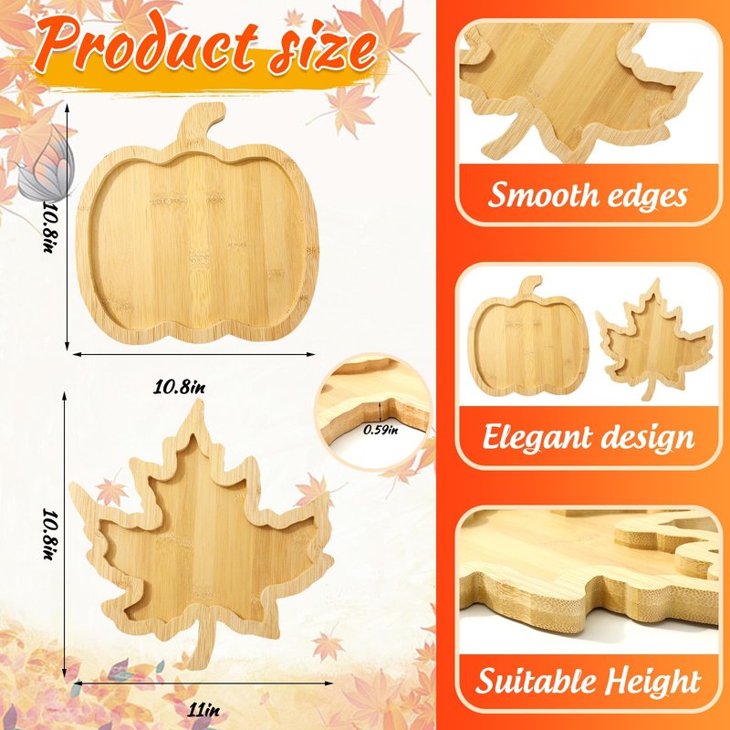 Whaline 2 Pcs Fall Serving Trays Pumpkin Maple Leaf Serving Platters Autumn Wooden Charcuterie Boards for Thanksgiving Halloween Harvest Home Party Food Supplies