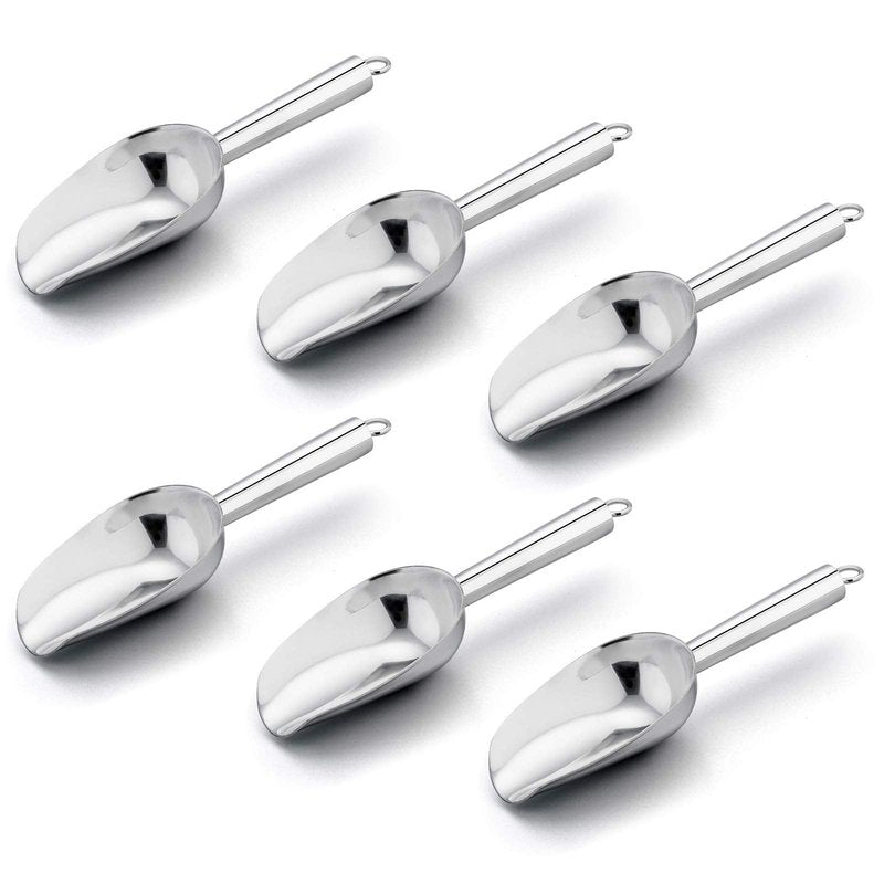 Mini Ice Scoop Set of 6, E-far 3 Ounce Stainless Steel Kitchen Scoops, Ideal for Candy/Ice Cube/Flour/Sugar/Coffee Bean/Protein Powder, Food Grade & Anti Rust, Easy Clean & Dishwasher Safe