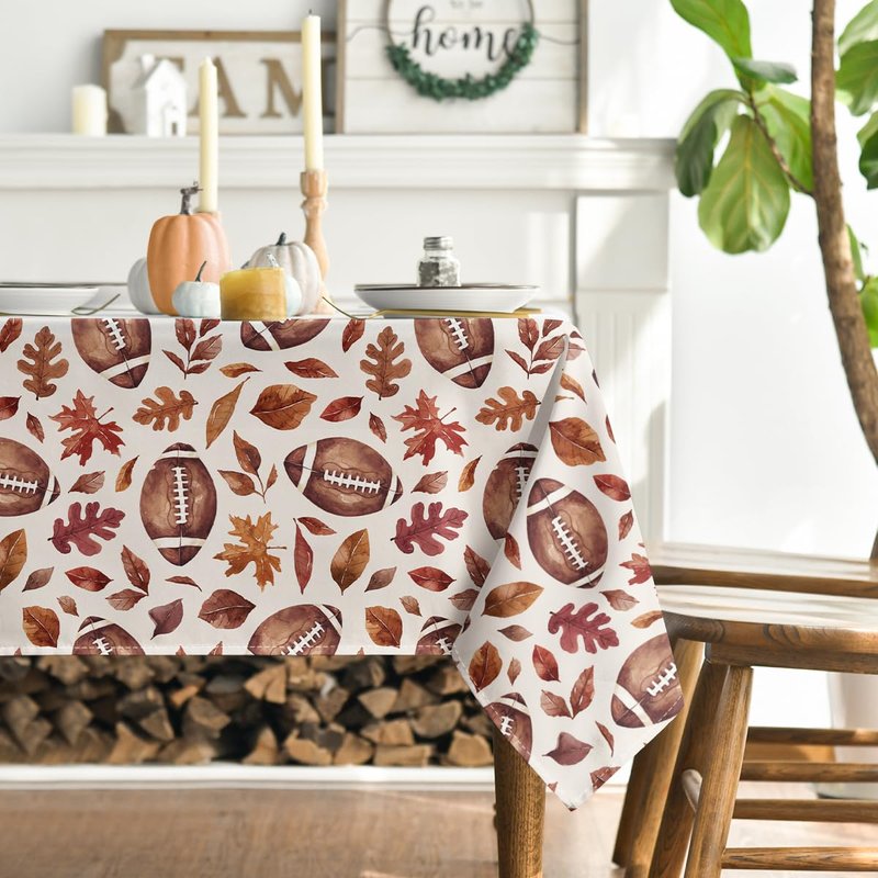 Horaldaily Fall Tablecloth 60×60 Inch Square, Thanksgiving Autumn Harvest Brown Leaves Football Table Cover for Party Picnic Dinner Decor