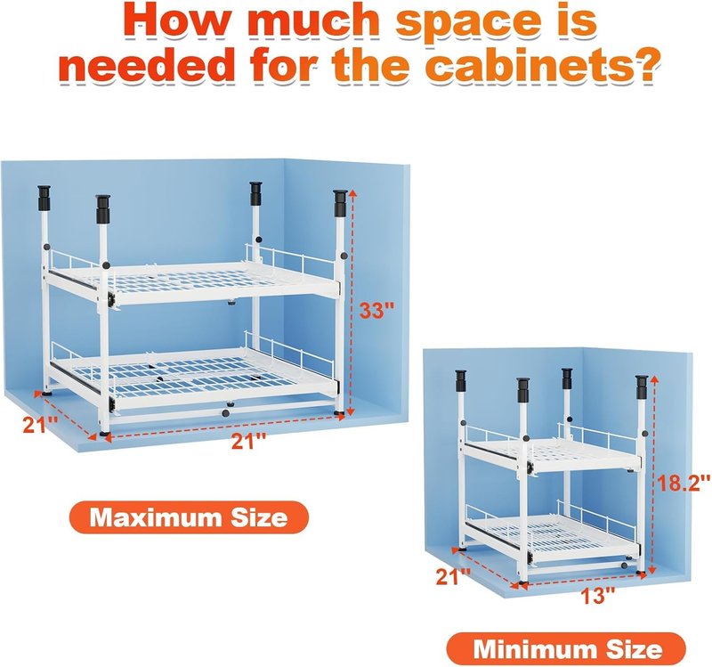 Hisencn Expandable 2-Tier Pull Out Cabinet Organizer, 13"-21" Wide Slide-Out Drawers (Black)