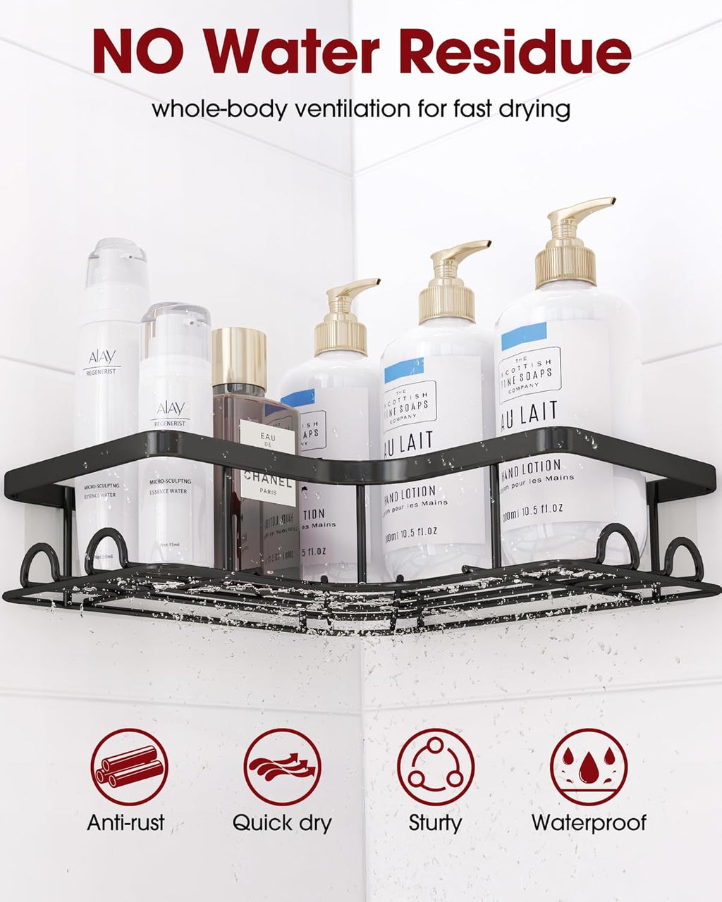 Sakugi Corner Shower Caddy - Rustproof Stainless Steel Organizers with 8 Hooks | No Drilling, 2 Pack, Black