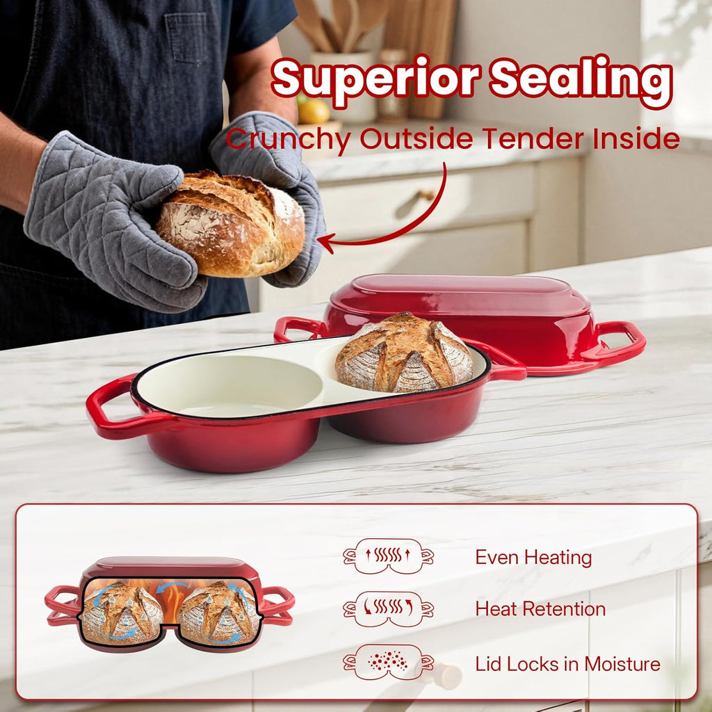 YONILL Mini Double Dutch Oven - Enameled Cast Iron Pot with Lid & 5" Banneton Basket Kit | Red