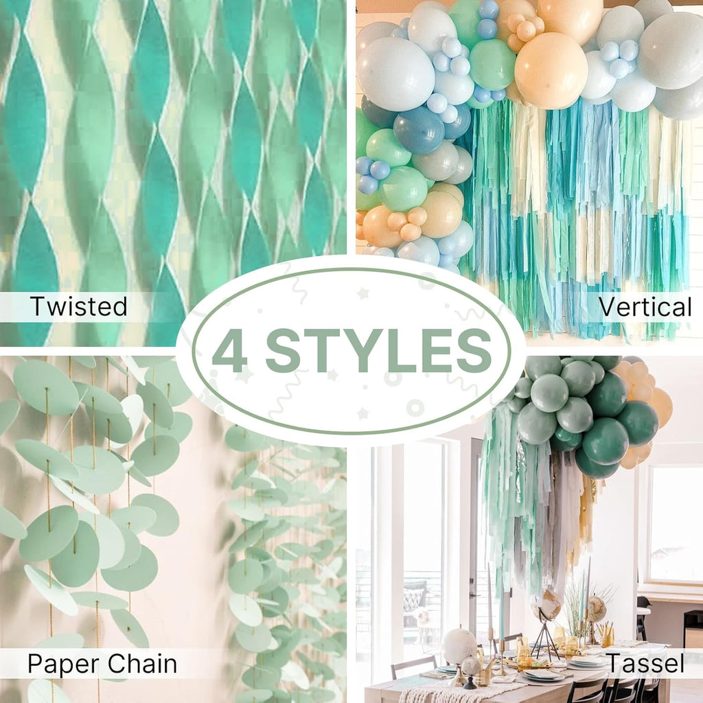 PartyWoo Crepe Paper Streamers - Sage Green & Eucalyptus | 4 Pcs, 328 Ft for Birthday & Baby Shower Decor