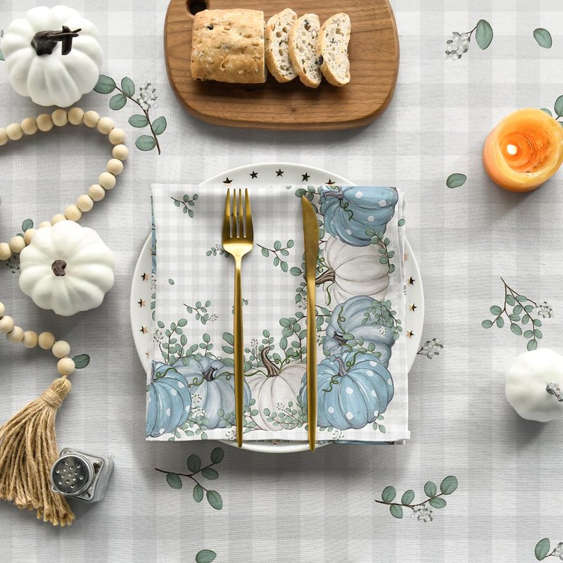 Horaldaily Fall Tablecloth 60x104 Inch Rectangular, Thanksgiving Autumn Harvest Blue Pumpkin Buffalo Plaid Table Cover for Party Picnic Dinner Decor