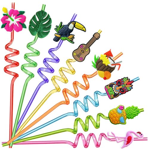 Hawaiian Luau Party Favor Drinking Straws (24 Pcs) Summer Beach Pool Birthday Party Supplies Reusable Plastic Drink Straw for Tropical Luau Party (2 Pcs Cleaning Brushes inside)