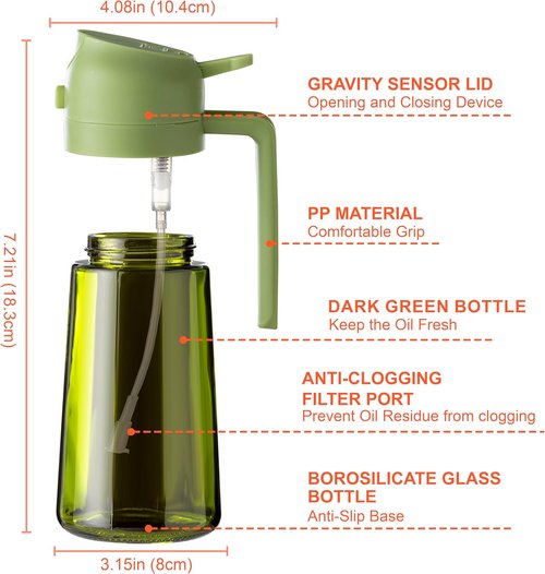 CXINYI - 16oz Olive Oil Dispenser | 2-in-1 Sprayer for Cooking & Salad - Light-Proof Black & Green