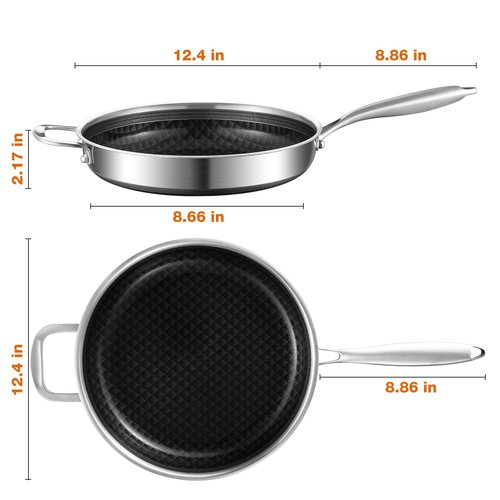 MOUTIUS 12-Inch Non Stick Frying Pans, Ceramic Coating NonStick Stainless Steel Pan Set, Tri-Ply Skillets and Pan Set with Lid, Cool-Touch Handle, Dishwasher and Oven Safe
