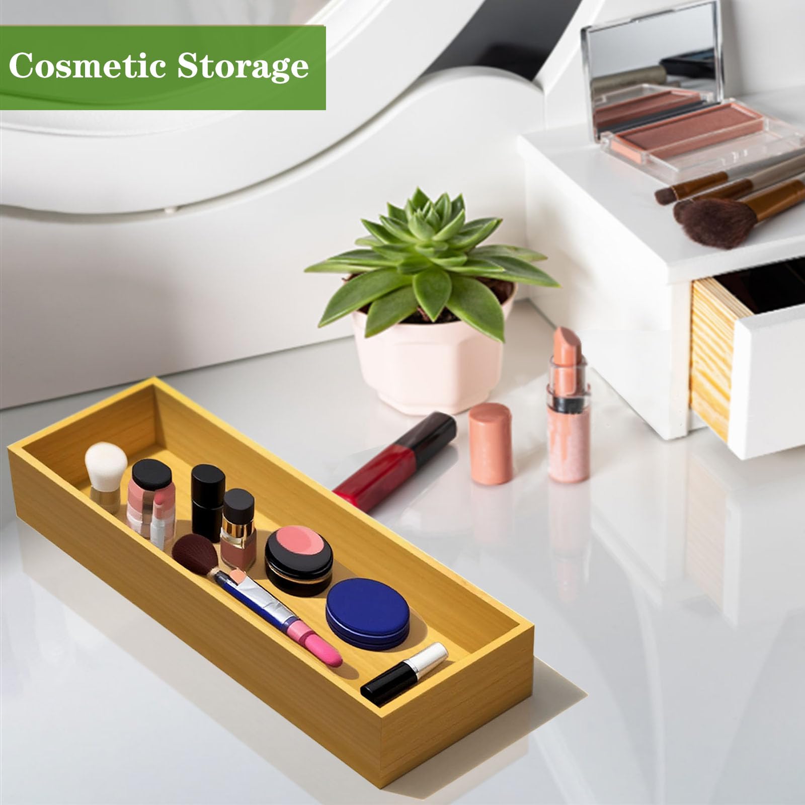 guiogc Bamboo Drawer Silverware Organizer, Flatware Organizer, Bamboo Storage Box for Office, Bathroom and other objects storage (large14.2 x5 x2 Small 9.85"x3.55"x1.78"- Set of 4)