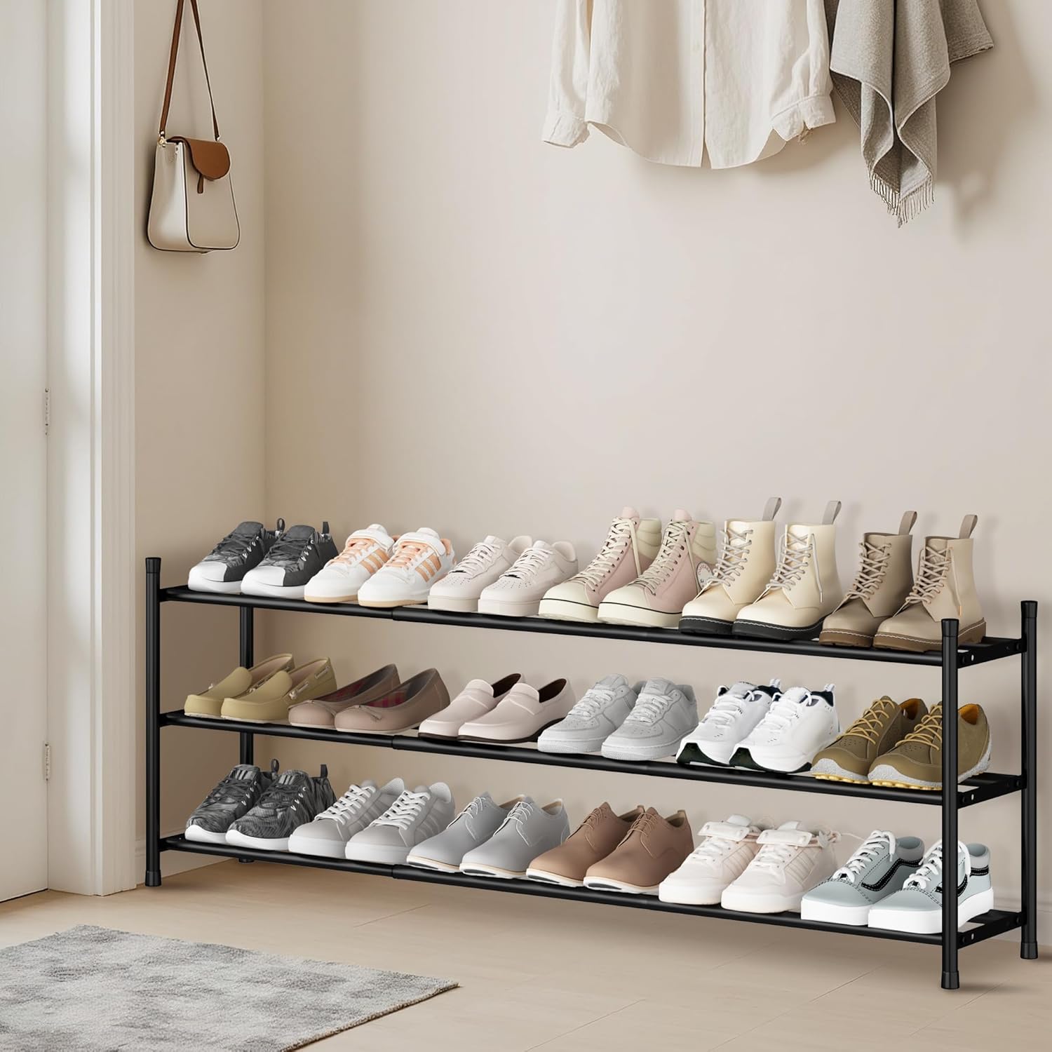 Storage Maniac Expandable Shoe Rack - Adjustable 3-Tier Metal Organizer for 18 Pairs | Ideal for Closet, Entryway, Garage