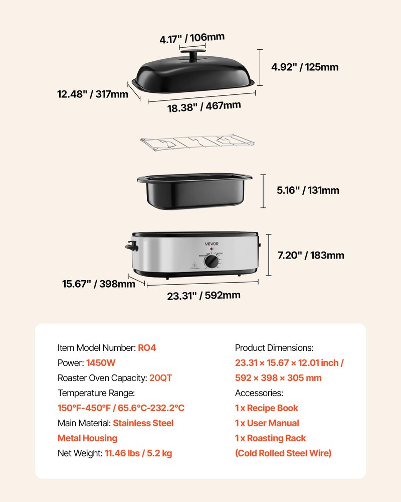 VEVOR Roaster Oven, 20QT Electric Roasting Pan, 150-450℉ Adjustable Temperature Fast-Cooking Turkey Roaster, Turkey Oven with Self-Basting Lid, Defrost & Warm Function for Home, Fits 24lb Turkey