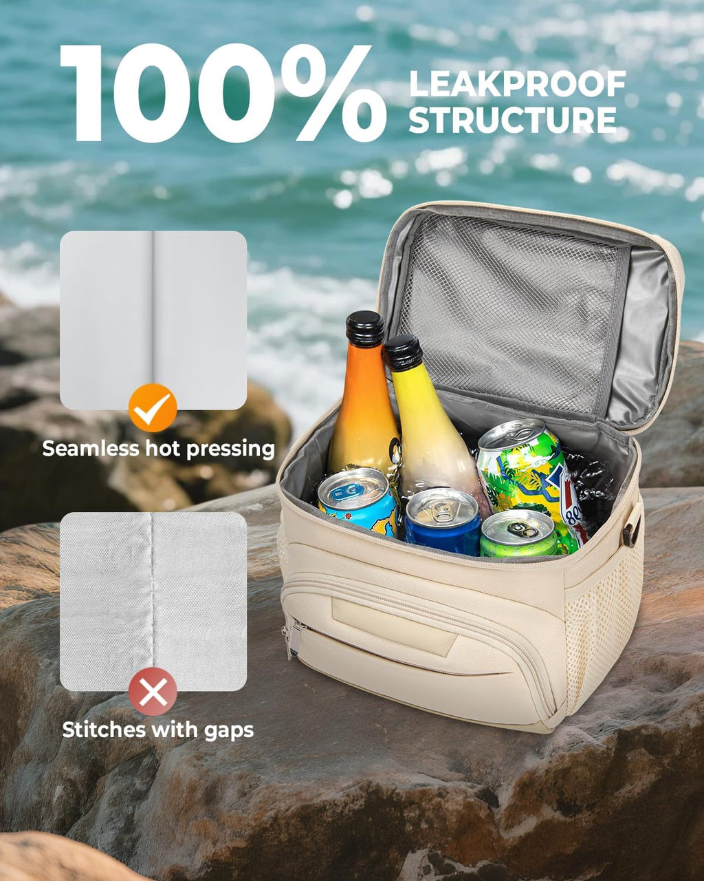 Skiennix Insulated Lunch Box - Leakproof Soft Cooler Tote Bag with Adjustable Strap | Beige, 12-Can (8L)